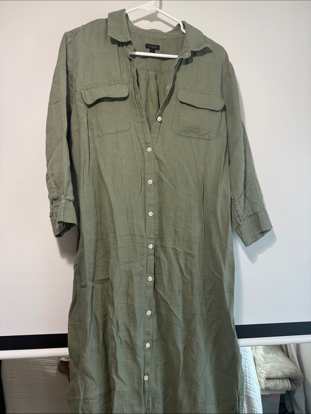 Talbots Olive Button-Front Midi Shirt Dress